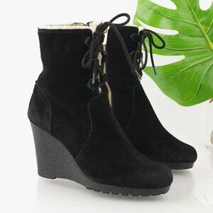 Michael Kors Women Rory Boot Size 8 Black Suede Lace Up Wedge Heel Sherpa Bootie
